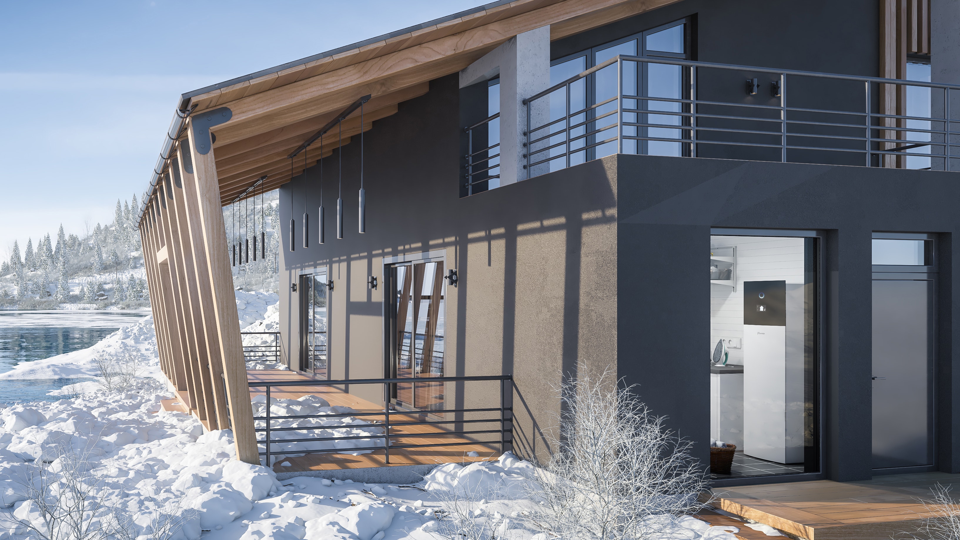 Casa moderna perfeitamente aquecida pela Daikin numa paisagem com neve