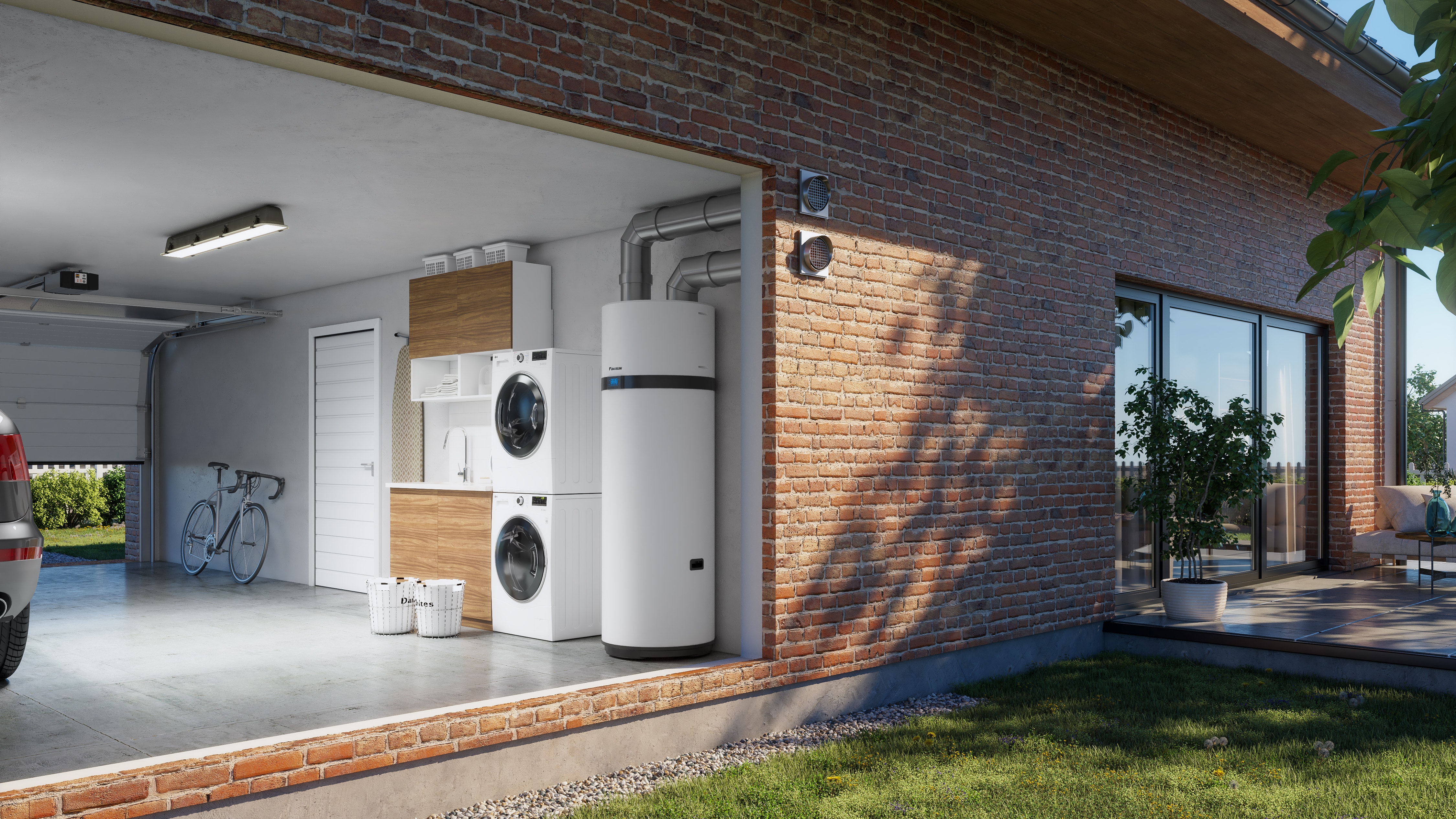 Depósito de água quente sanitária utilizando energia renovável instalado em garagem