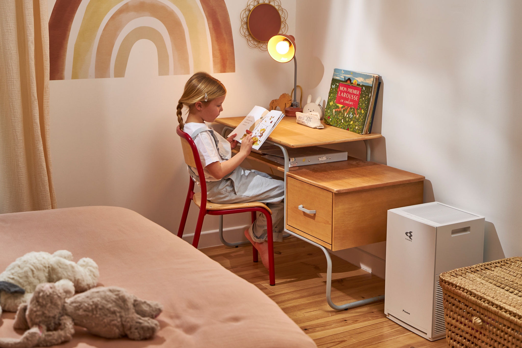 Child enjoying clean healthy air in kids bedroom
