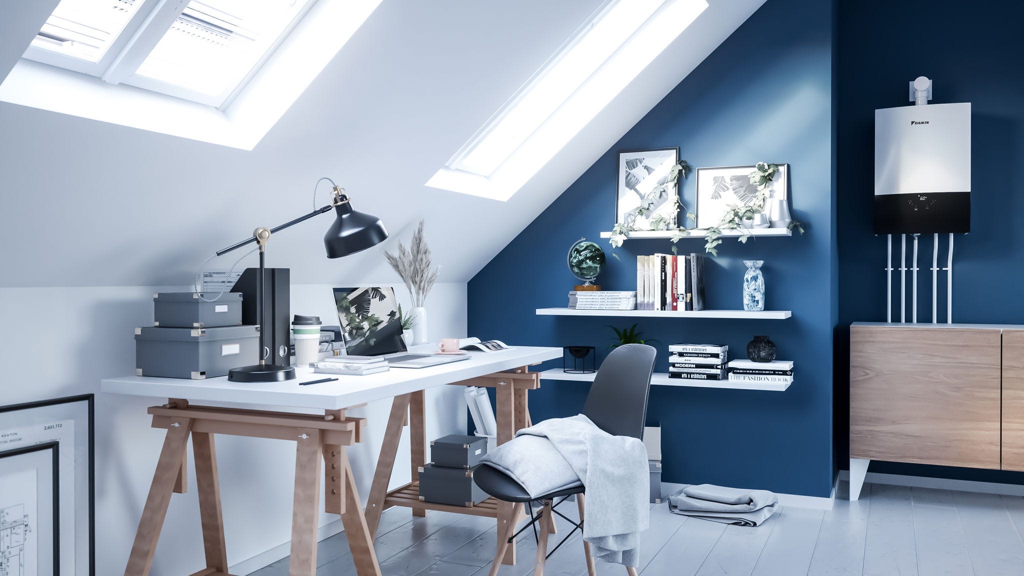 Unidade interior de caldeira de condensação a gás instalada na porta de um dormitório