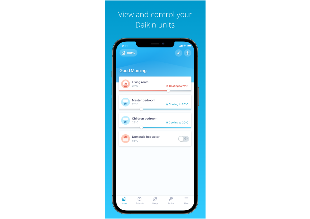 Definições de aquecimento e ar condicionado no Daikin Residential Controller
